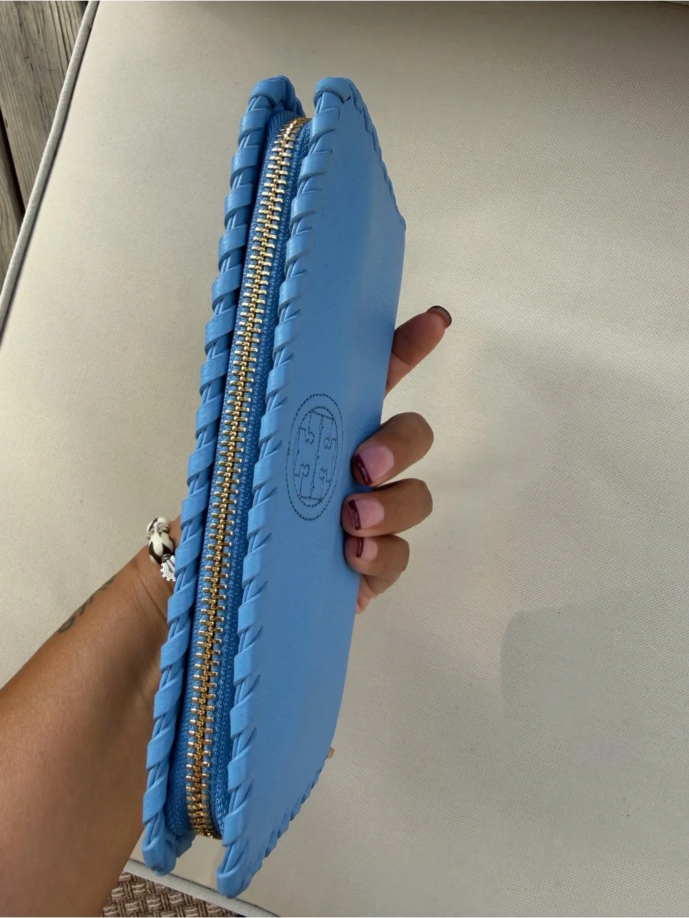 Tory Burch Sky Blue Leather Zip Clutch with Whipstitch Trim